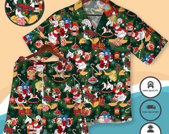Donald Duck Christmas Hawaiian Shirt and Shorts Holiday Outfit Funny Xmas Matching Family Shirt Tropical Christmas Clothes Xmas Gifts Shirt