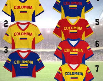 Benutzerdefiniertes Crop Top Fußball-Trikot, personalisiertes Namensnummer-Shirt, gelbes Kolumbien Crop-Jersey, Frauen Spieltag Top, benutzerdefiniertes Namenshemd