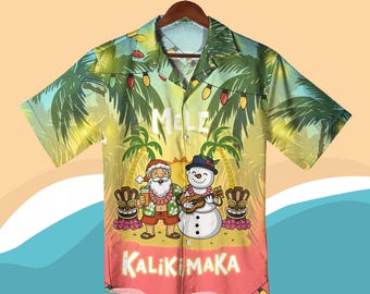 Mele Kalikimaka Hawaiian Shirt, Tropical Christmas Outfit, Funny Santa Snowman Beach Shirt, Holiday Vacation Gift for Men Women, Xmas Gifts