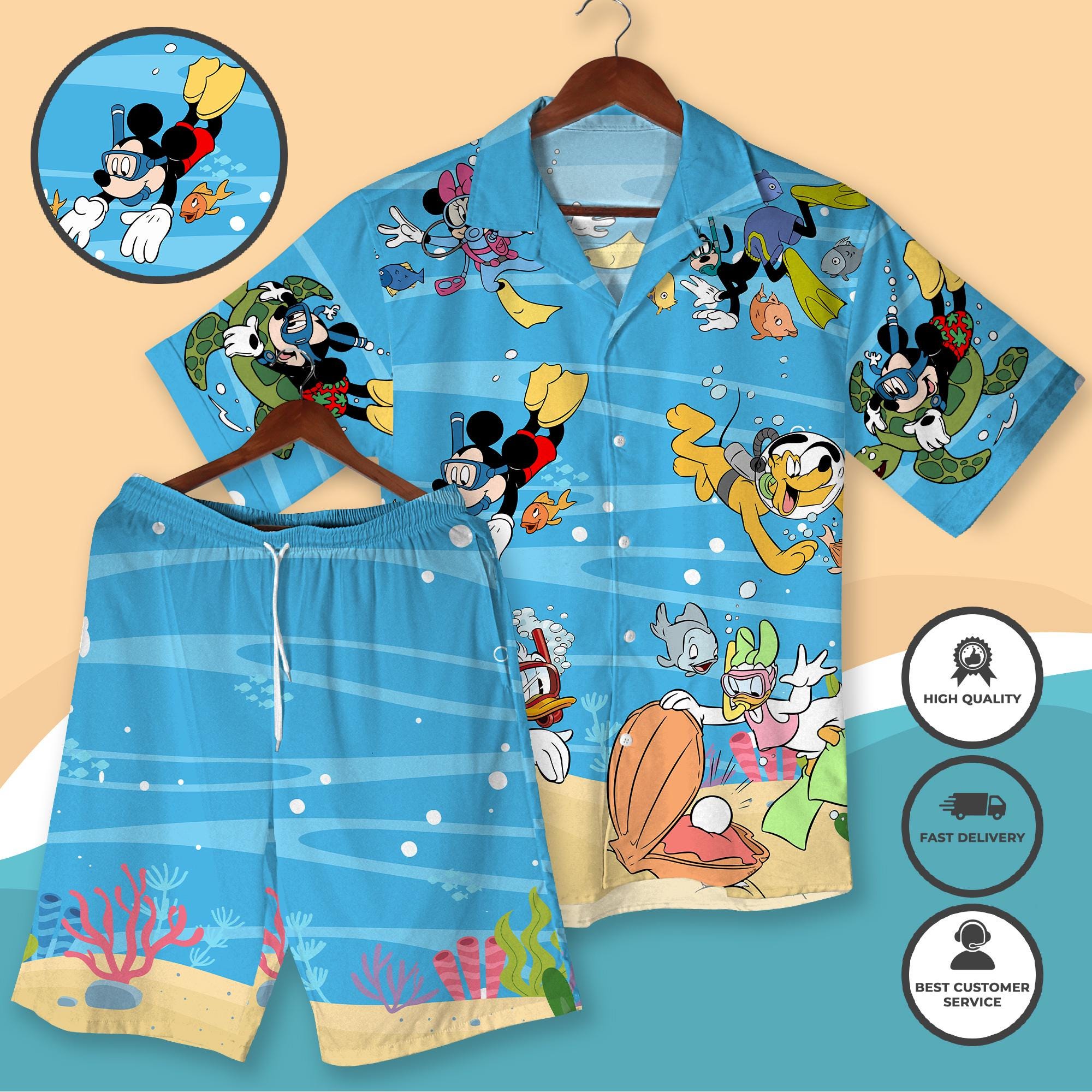 Discover Mickey and Friends Hawaiian Shirt and Shorts, Mickey Minnie Donald Goofy Beach Outfit, Underwater Cartoon Summer Shirt