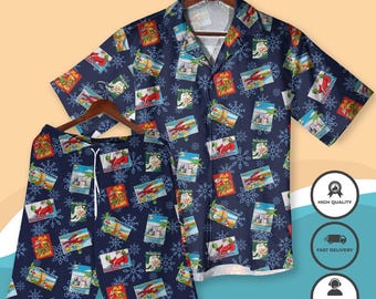 Vintage Postcard Christmas Hawaiian Shirt Shorts Retro Holiday Aloha Shirt Mele Kalikimaka Beach Outfit Funny Xmas Vacation Shirt Men Women