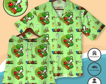 Cute Green Yoshi Hawaiians Shirt Green Dino Fruit Lover Hawaiian Shirt Cute Cartoon Lizard Aloha Outfit Fun Summer Gift for Gamers & Fans