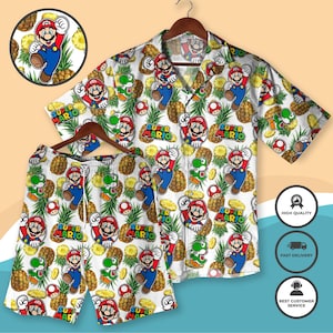Super Mario Hawaiian Shirt and Shorts Mario & Yoshi Aloha Outfit  Gamer Summer Beachwear Funny Nintendo Party Outfit Shirt For Him