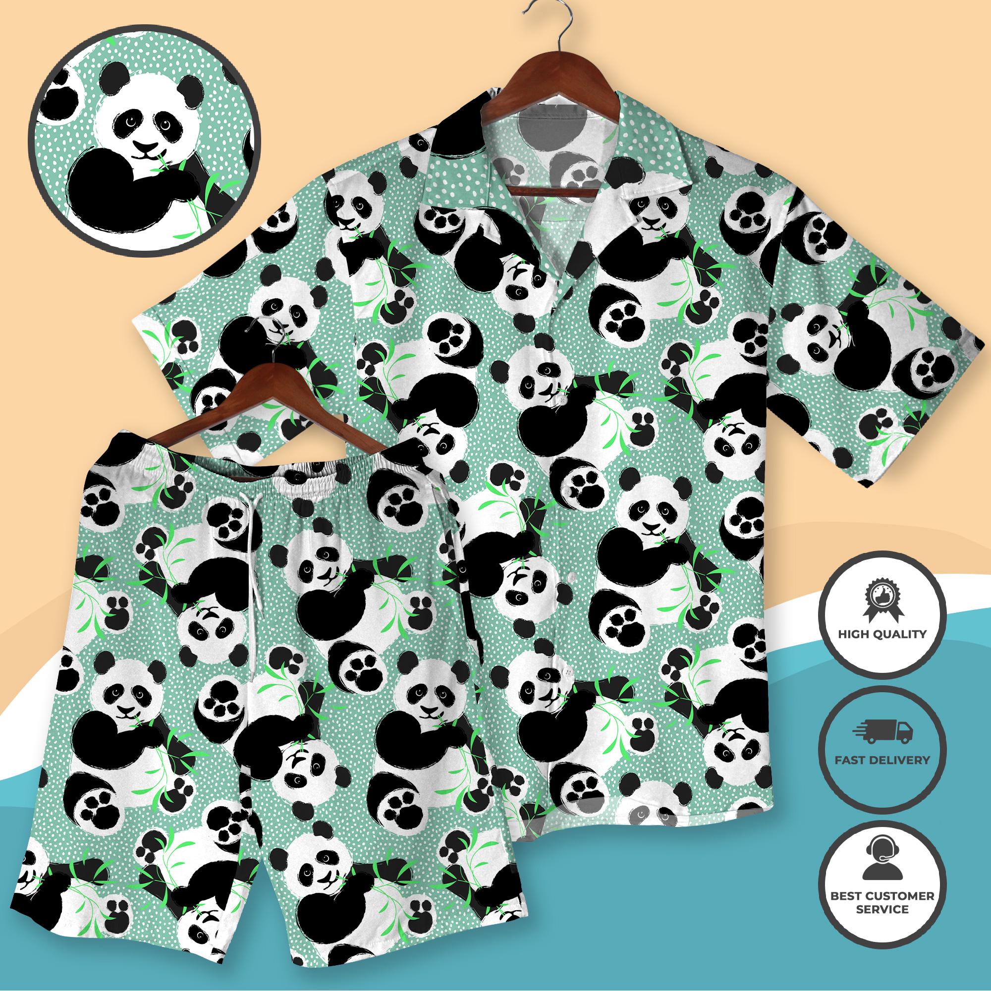 Discover Cute Panda Hawaiian Shirt and Shorts, Tropical Vacation Outfit, Summer Matching Shirt and Shorts, Kawaii Animal Pattern Beachwear Gift