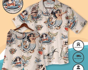 Retro Nautical Mermaid Hawaiian Shirt Shorts Vintage Sailor Tattoo Style Outfit Beach Aesthetic Summer Vacation Matching Shirt Xmas Shirt