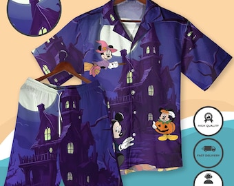 Halloween Mickey Minnie Hawaiian Shirt Minnie Witch Haunted House Outfit Mickey Matching Shirt and Shorts Halloween Spooky Vacation Look