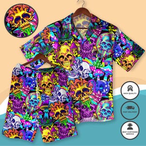 May include: A vibrant, psychedelic matching shirt and shorts set. The set features a repeating pattern of colorful skulls, mushrooms, and other trippy elements in shades of yellow, purple, blue, and green. The shirt is short-sleeved and button-down.