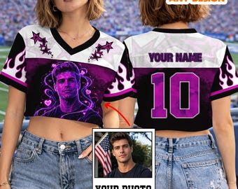 Custom Photo Crop Top Football Jersey, Personalized Name and Number Women’s Game Day Shirt, Aesthetic Cropped Jersey, Custom Face Jersey