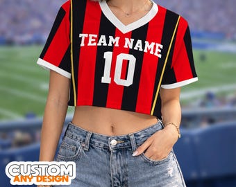Custom Football Crop Top Jersey, Personalized Name Number Shirt, Women’s Game Day Crop Tee,Team Jersey Top Sports Fan Outfit, Red Crop Shirt