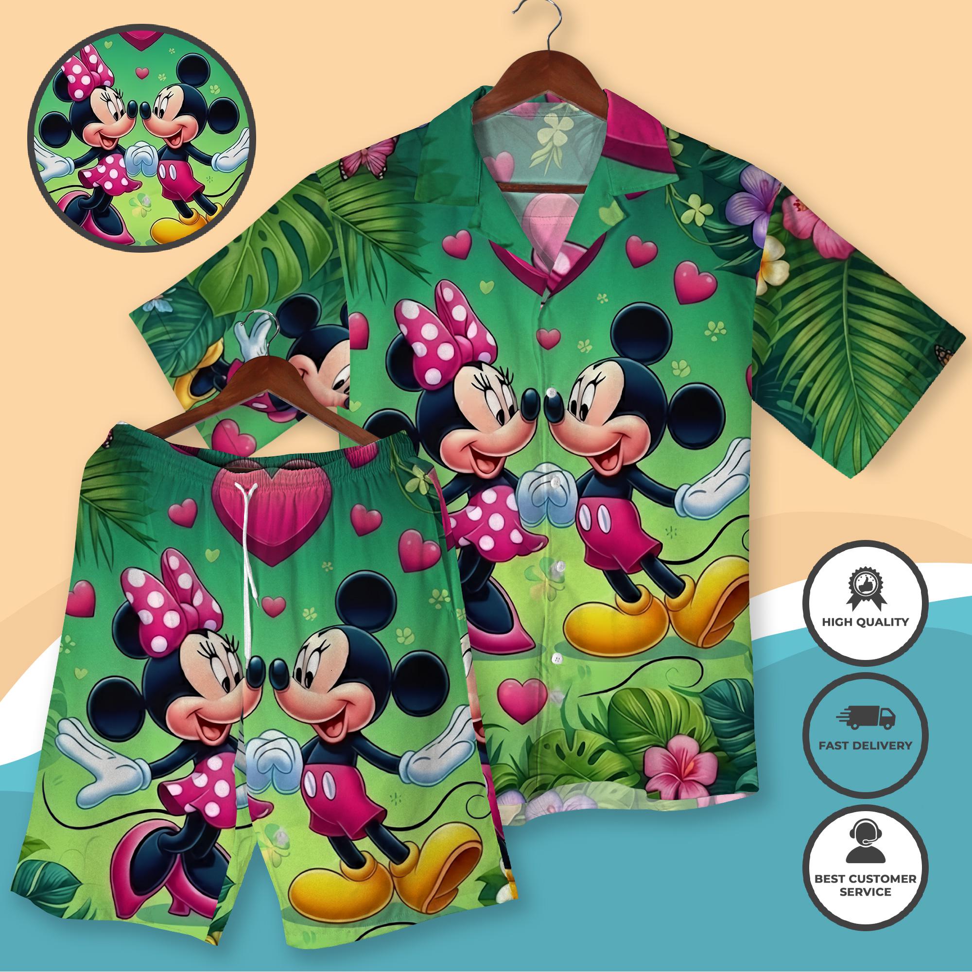 Discover Mickey and Minnie Valentine Hawaiian Shirt and Short, Couple Tropical Shirt & Shorts, Love Heart Cartoon Vacation Outfit