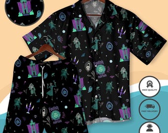 Spooky Hawaiian Shirt Shorts - Haunted Mansion Inspired Outfit - Halloween Vacation Clothing - Ghostly Aloha Shirt - Foolish Mortals Print