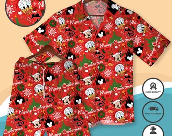 Christmas Hawaiian Shirt Set Mickey, Minnie, Goofy, Donald & Pluto Christmas Shirt, Holiday Cartoon Aloha Shirt Hawaiian Shirt Xmas Outfit
