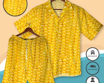 Corn Hawaiian Shirt Funny Summer Aloha Shirt & Shorts, Food Print Beach Outfit, Unique Vacation Clothing, Tropical Matching Set Gift