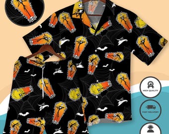 Halloween Hawaiian Shirt Spooky Skeleton Coffin Print Outfit Gothic Party Shirt Horror Vacation Aloha Shirt Halloween Christmas Shirts Gifts