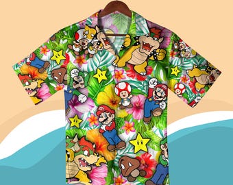 Mario Hawaiian Shirt Mario, Luigi, Bowser, Toad, Goomba, Super Star Tropical Video Game Print Button Up, Gamer Aloha Shirt, Vacation Shirt