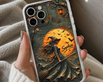 Custom Witch Phone Case, Personalized Halloween Full Moon Broom Tough Cover, Gothic Autumn Spooky Phone Armor, Dark Fantasy Gift for Her