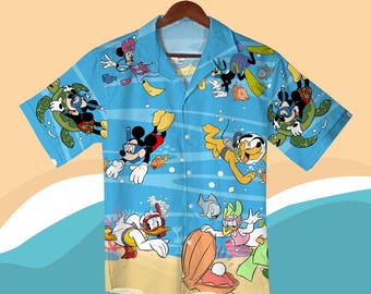 Mickey and Friends Hawaiian Shirt Mickey Minnie Donald Goofy Beach Outfit Underwater Cartoon Summer Shirt Shorts Christmas Shirt Gifts