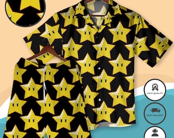 Shine Sprite Hawaiian Shirt Super Mario Inspired Summer Shirt Retro Gamer Gift for Him Cute Sun Print Aloha Shirt Vacation Beach Shirt