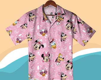 Valentine Mickey and Friends Hawaiian Shirt, Mickey Minnie Donald Goofy Daisy Shirt & Shorts, Pink Valentine Outfit, Couples Shirt Gifts
