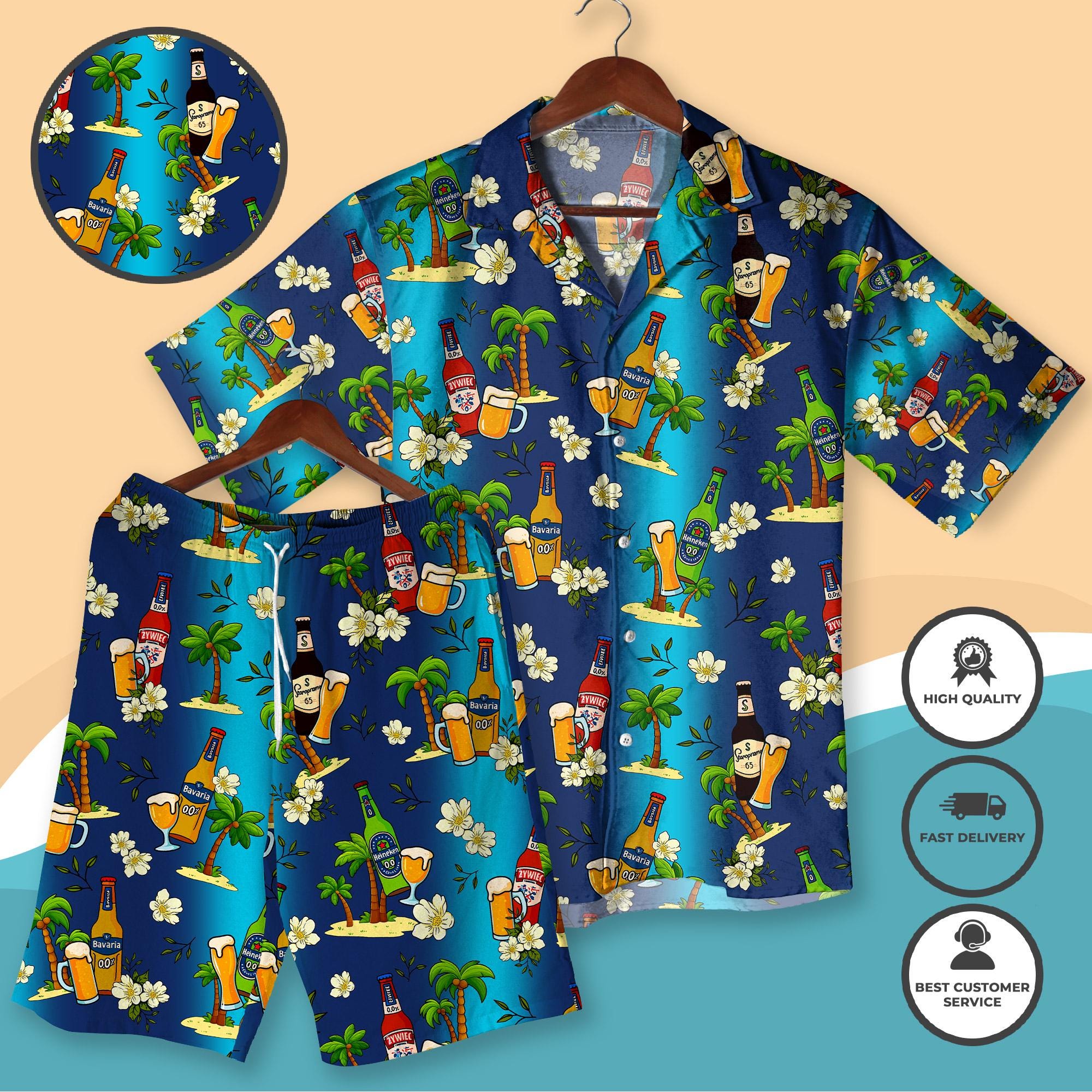 Discover Tropical Hawaiian Shirt with Beer Palm Tree, Retro Island Vibes Button-Down Shirt Christmas Party Shirt gifts