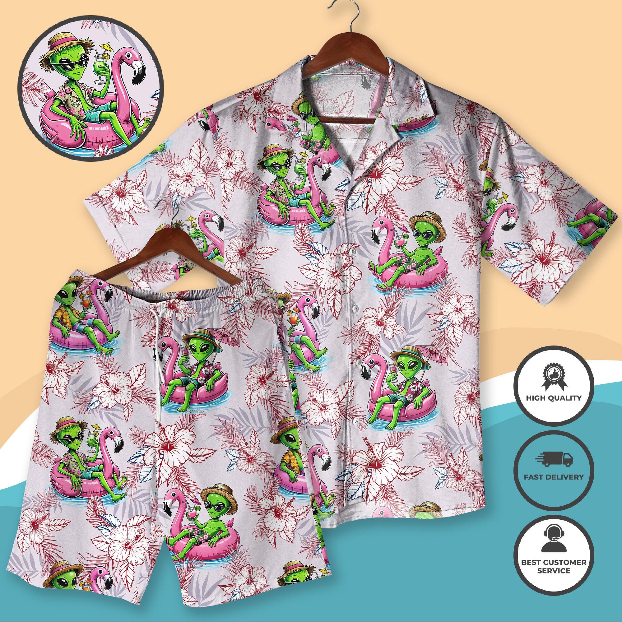 Discover Alien Flamingo Hawaiian Shirt and Short, Tropical Extra-Terrestrial Beach Outfit, Alien Summer Suit, Pink Flamingo Wear Hibiscus Floral Vacation