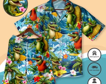 May include: A matching Hawaiian shirt and shorts set featuring a vibrant blue background with cartoon alligators wearing sunglasses and holding surfboards. The design includes tropical flowers and palm trees, creating a fun, summery vibe.