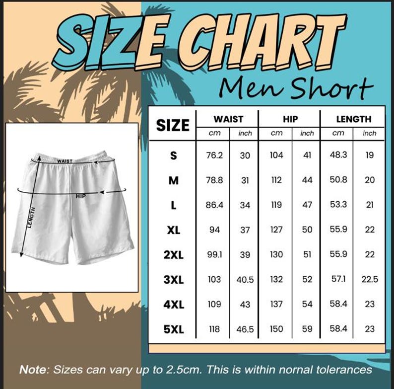 K&ouml;nnte beinhalten: Gr&ouml;&szlig;entabelle f&uuml;r wei&szlig;e Herrenshorts mit Taillen-, H&uuml;ft- und L&auml;ngenma&szlig;en. Die Taillenweiten reichen von 76,2 bis 118 cm und die L&auml;ngen von 48,3 bis 58,4 cm. Der Text "SIZE CHART Men Short" ist oben.