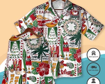 Mele Kalikimaka Hawaiian Christmas Shirt Tropical Santa Surf Aloha Shirt & Shorts Beach Holiday Outfit for Men Women - Christmas Party Gift