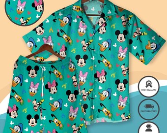 Mickey And Friends Cartoon Character Hawaii Shirt Mickey &Friends Summer Shirt and Shorts Cute Disney-Inspired Sleepwear for Men Women