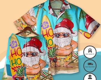 Santa Surfboard Hawaiian Shirt Funny Christmas Beach Outfit, Ho Ho Ho Tropical Aloha Shirt and Shorts for Men Women Christmas Shirt Gifts