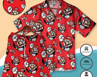 Super Mario Halloween Hawaiian Shirt Set Funny Gamer Costume Red Cartoon Aloha Shirt Nintendo Cosplay Vacation Outfit Hawaiian Shirt Men