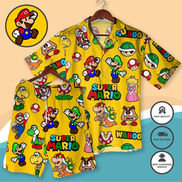 Super Mario Hawaiian Shirt and Shorts Set Yellow Gamer Aloha Beach Outfit  Luigi Yoshi Peach Bowser Summer Beachwear Nintendo Party Clothes