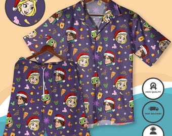 Christmas Fairy Tale Hawaiian Shirt Rapunzel, Flynn Rider, and Pascal Santa Hat Shirt Princess Hero Cartoon Outfit Christmas Shirt Gifts