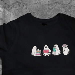 Funny Ghost Reading Sweatshirt, Halloween Sweatshirt, Embroidered Ghost, Ghost Reading Books, Fall Crew Ghost Embroidery, Ghost Book Sweater