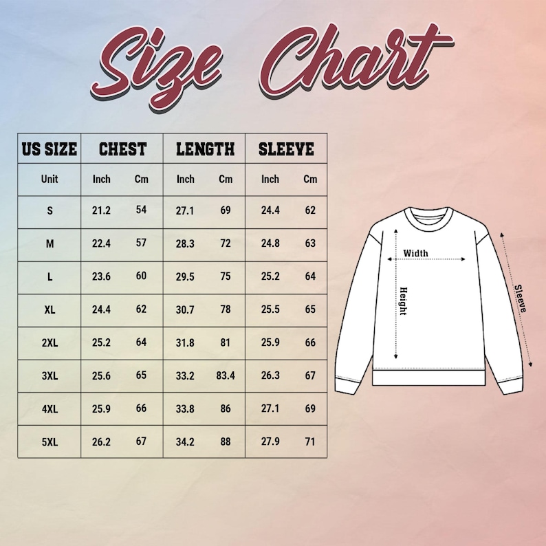 May include: Size chart for a sweatshirt with measurements in inches and centimeters. The chart shows the US size, chest, length, and sleeve measurements for sizes S through 5XL.