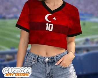 Custom Turkey Cropped Football Jersey Women, Personalized Name Number Crop Top, Red Soccer Fan Shirt, Game Day Outfit, Turkish Flag Jersey