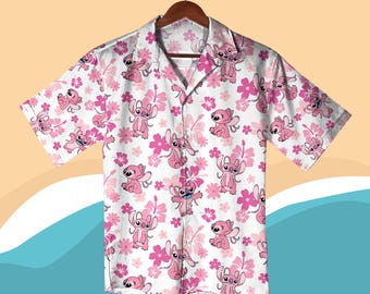 Pink Stitch Hawaiian Shirt , Cute Stitch Shirt Shorts, Lilo Stitch Tropical Outfit, Summer Beach Vacation Gift, Pink Hawaiian Shirts Gifts