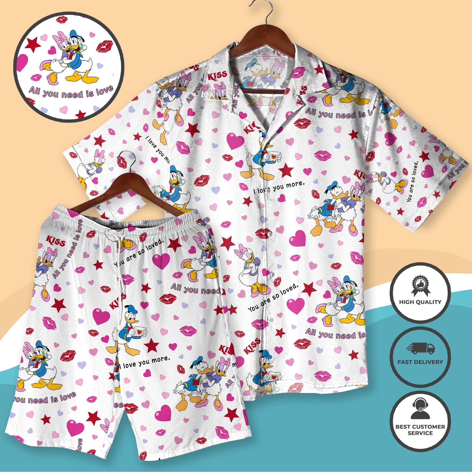 Discover Donald Daisy Hawaiian Shirt and Short, Couple Matching Outfit, Love Heart Kiss Print Shirt, Valentine Gift for Couples, Valentine's Day Gift