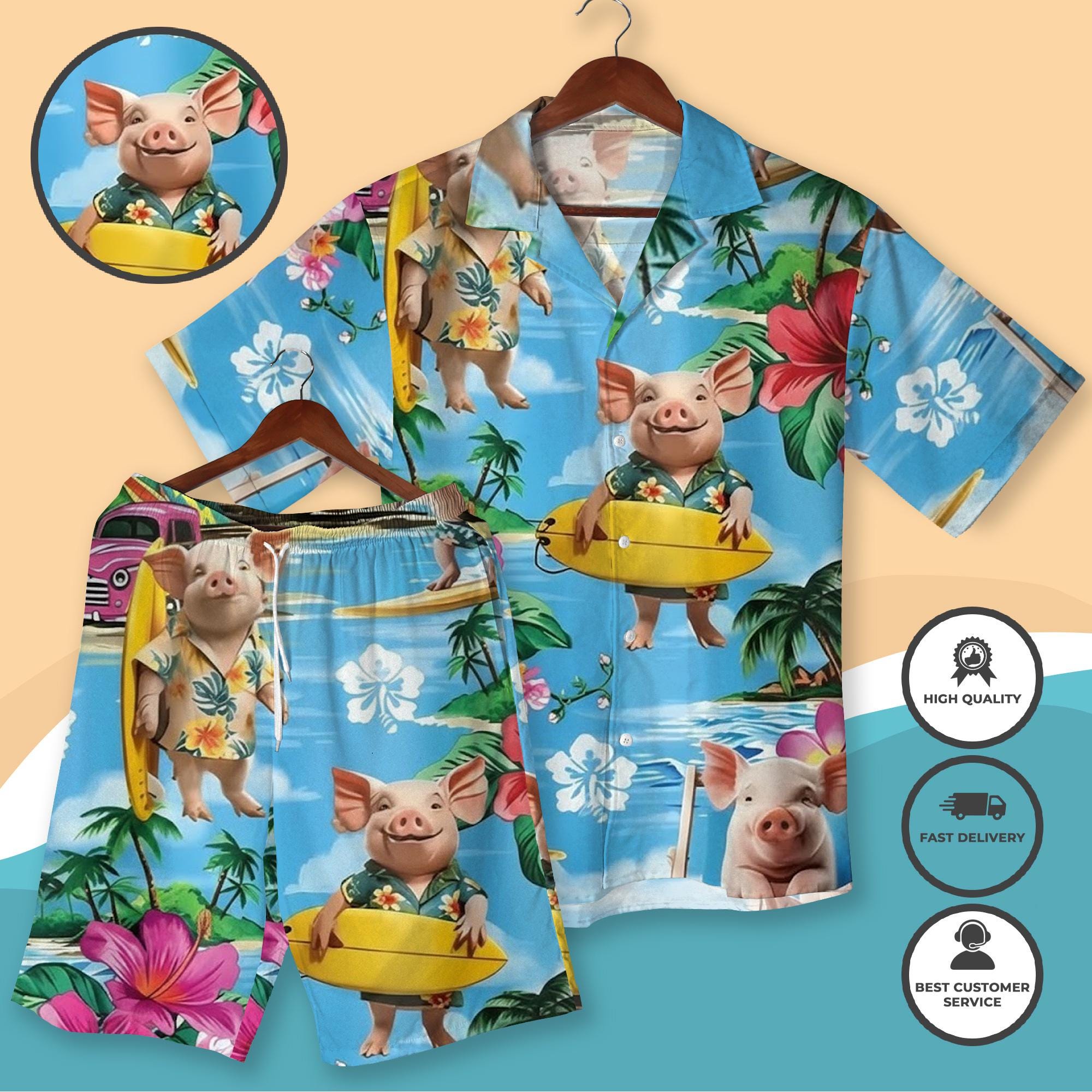 Discover Surfing Pig Hawaiian Shirt and Short, Tropical Beach Party Outfit, Cute Animal Summer Button Down, Luau Vacation Wear, Funny Piggy Surfboard Apparel