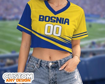 Bosnia Football Crop Top Jersey, Custom Name Number Shirt, Women’s Game Day Crop Tee, Yellow Blue Top,Personalized Sports Shirt, Fan Apparel