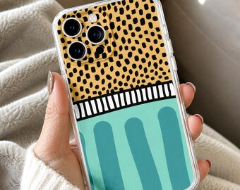 Abstract Art Phone Case, Modern Boho Geometric Polka Dot Tough Cover, Retro Purple Yellow Phone Armor, Gift for Her