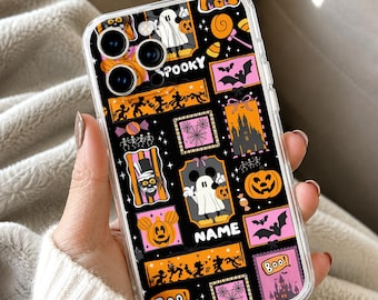 Custom Halloween Phone Case, Personalized Name Ghost Pumpkin Tough Cover, Spooky Cute Collage Phone Armor, Autumn Phone Case Gift for Her