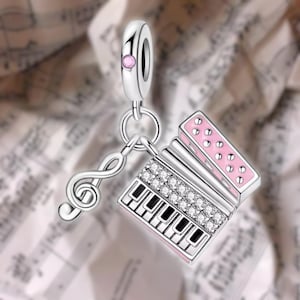 Pink Accordion Charm Music Note, For Pandora Bracelets, Pink Accordion Musician charm Sterling Silver 925