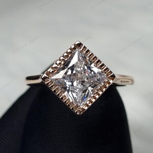 East West Solitaire Diamond Promise Ring, Princess Cut Moissanite Wedding Ring, Milgrain Bezel Set Engagement Ring, Classic Anniversary Gift