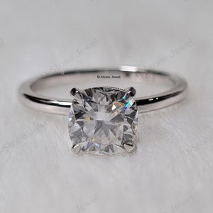 Simple Designed Engagement Ring, Cushion Cut Moissanite Wedding Ring, Four Prong Set Ring, Solitaire Diamond Ring, Anniversary Gift for Wife