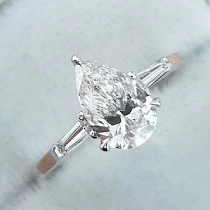Three Stone Wedding Ring, Pear Cut Moissanite Engagement Ring, Tapered Baguette Side Diamond Ring, Hidden Halo Ring, Solitaire Proposal Ring