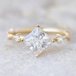 East West Princess Cut Moissanite Wedding Ring, Solitaire Diamond Engagement Ring, Flush Set Round Side Diamond Ring, Best Anniversary Gift.