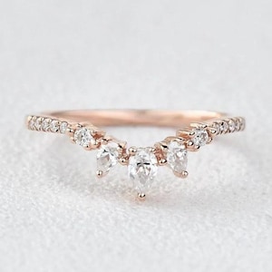 Pear and Round Cut Moissanite Diamond Wedding Band, Amazing Curved Designed Engagement Band, Stackable Women&#39;s Band, Classic Proposal Band.