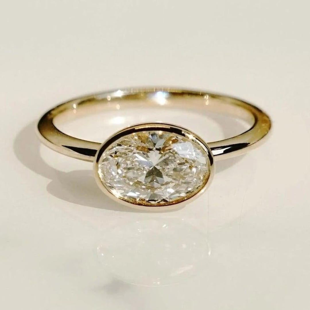 Bezeled Full Bezel Set Engagement Ring, Oval Cut Moissanite Wedding Ring, East ...