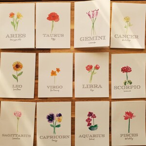 Tarjetas de cumpleaños con flores del zodíaco - Tarjetas temáticas - Tarjetas florales - Tarjetas en blanco - Tarjetas de felicitación - Tarjetas botánicas celestiales